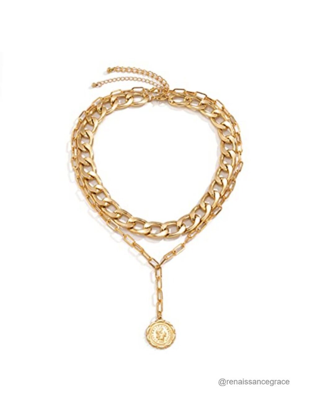 Boho Chunky Layered Paperclip Chain Necklace with Coin Pendant for Women